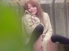 Asian toys her hairy pussy and gets spied on outdoors in hd