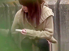 Asian toys her hairy pussy and gets spied on outdoors in hd