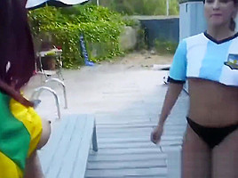 Couple of hot chicks share a dick after a game of football