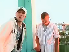 Gay public blowjob with a city view