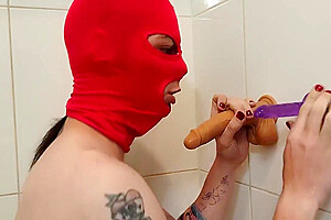 Mtf Masked Trans Woman Deep Throats Dildos While Playing With Her Cock And Ass Big Cumshot