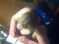 Window - spied chubby woman with very big tits
