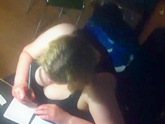 Window - spied chubby woman with very big tits
